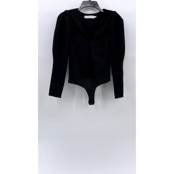 ASTR THE LABEL Women's Black Long Puff Sleeve V-Neck Thong Bodysuit SZ XS - Picture 1 of 10